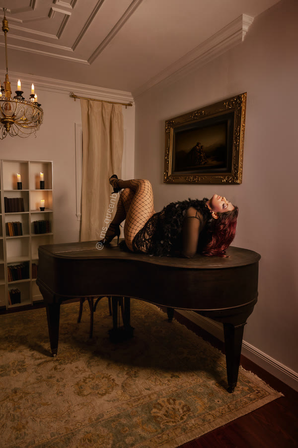Grand piano and coffered salon architecture with editorial fashion styling at Maison Sarti